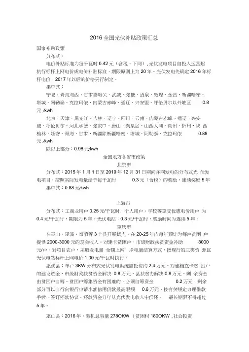 2016全国光伏补贴政策汇总