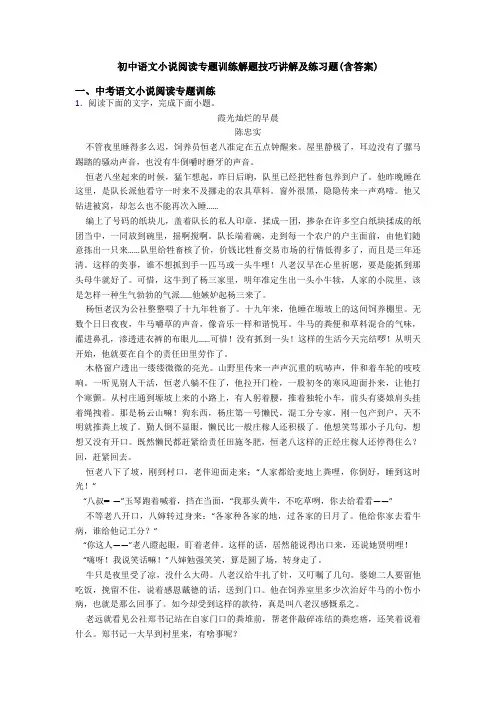 初中语文小说阅读专题训练解题技巧讲解及练习题(含答案)