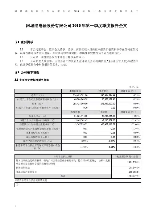 ST阿继:2010年第一季度报告全文 2010-04-28