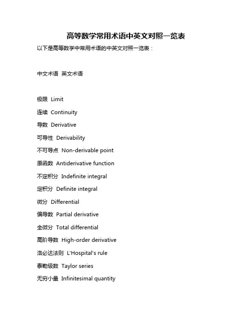 高等数学常用术语中英文对照一览表