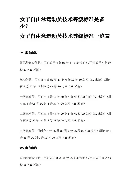 女子自由泳运动员技术等级标准是多少？