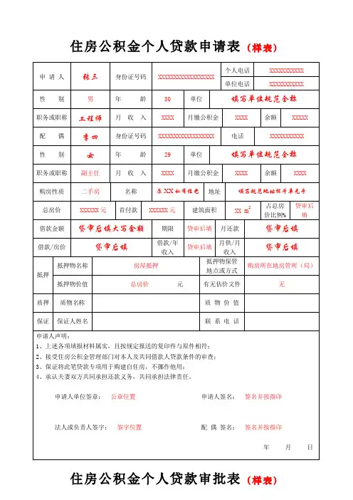 住房公积金个人贷款申请表(样表)