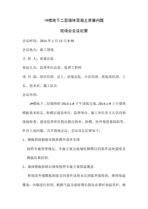 1#楼地下二层墙体混凝土质量问题现场会会议纪要修改