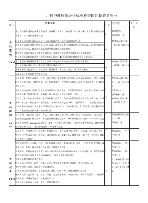 儿科专科护理质量检查标准