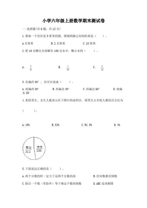 小学六年级上册数学期末测试卷含答案【完整版】
