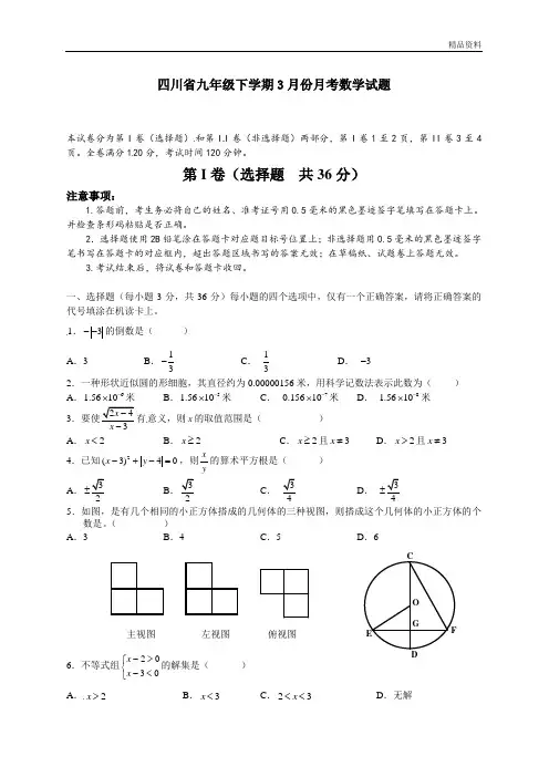 四川省2020年九年级下学期3月份月考数学试题
