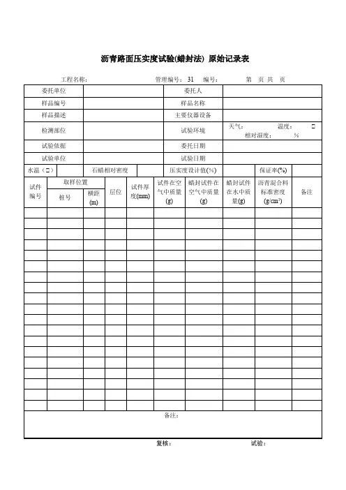 沥青路面压实度试验(蜡封法) 原始记录表