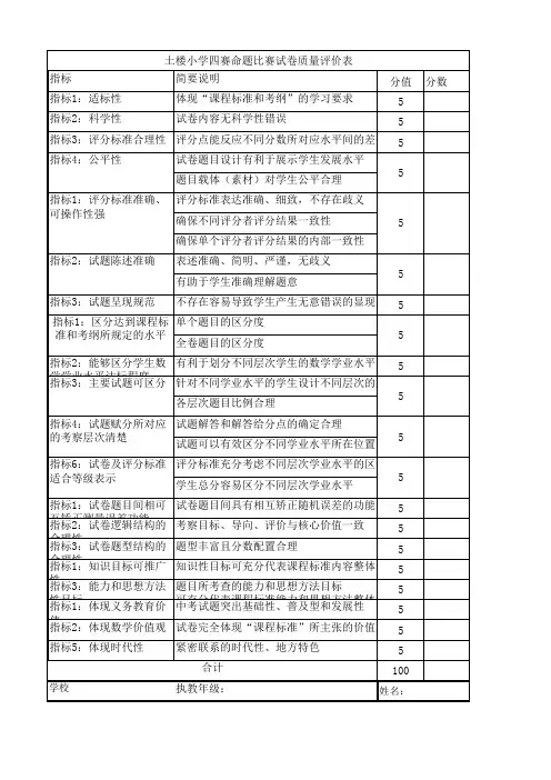 土楼小学四赛命题比赛试卷质量评价表