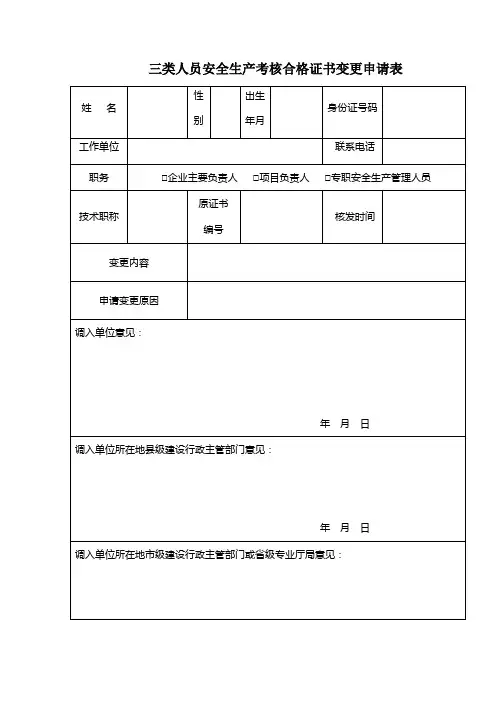 三类人员安全生产考核合格证书变更申请表