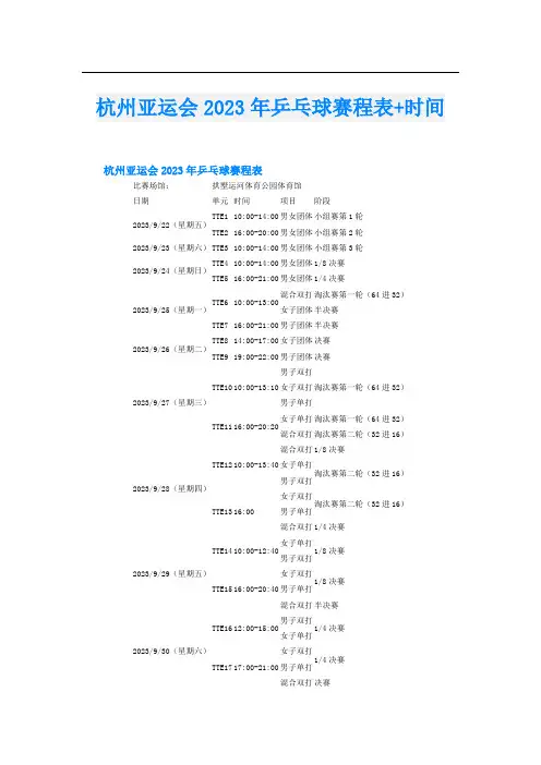 杭州亚运会2023年乒乓球赛程表+时间