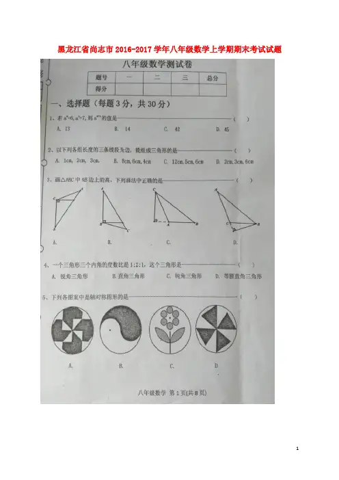 黑龙江省尚志市八年级数学上学期期末考试试题(扫描版)