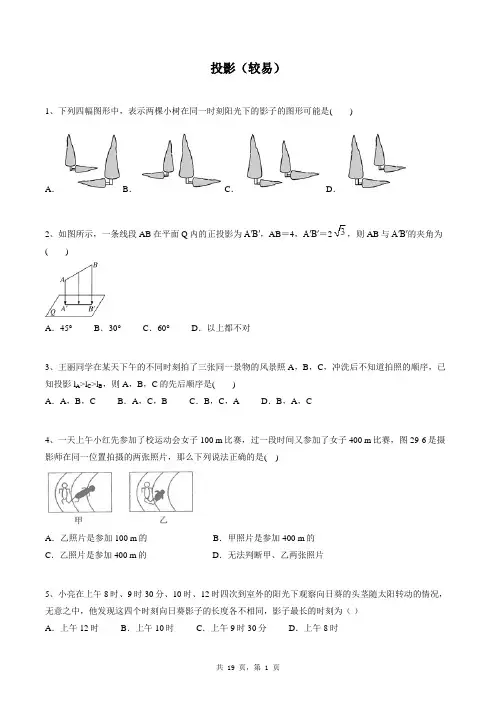 九年级下册数学同步练习题库：投影(较易)