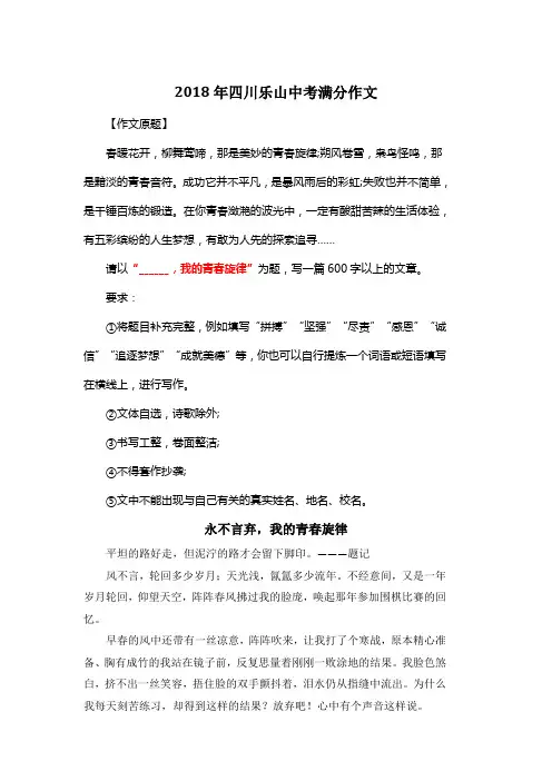 2018年四川乐山中考满分作文《永不言弃,我的青春旋律》