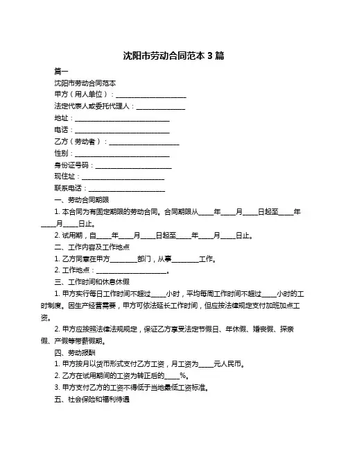 沈阳市劳动合同范本3篇