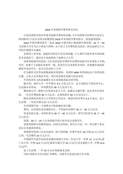 2018年各国留学费用排名对比
