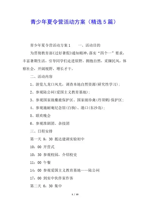 青少年夏令营活动方案(精选5篇)