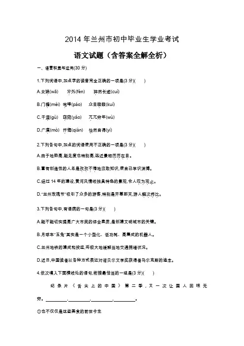 2014年甘肃中考语文真题卷含答案解析
