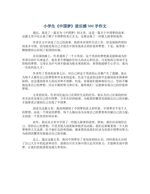 小学生《中国梦》读后感500字作文