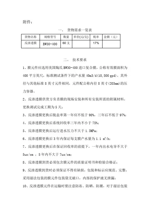 反渗透膜技术要求