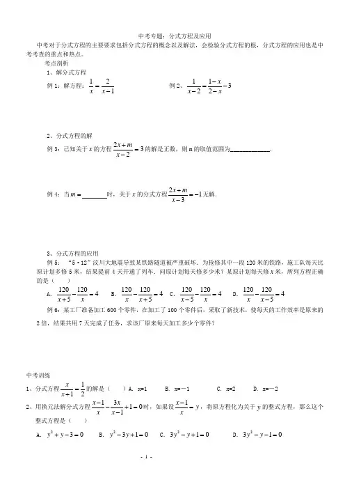 中考专题：分式方程及应用