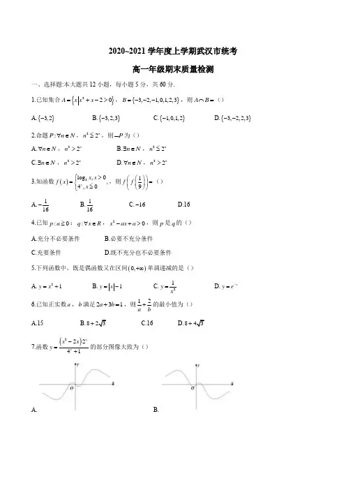湖北省武汉市2020-2021学年高一上学期期末数学试题及答案