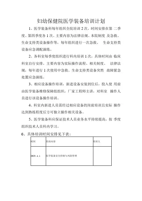 妇幼保健院医学装备培训计划