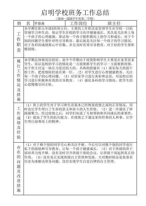 2019-2020学年度第二学期班主任工作总结表