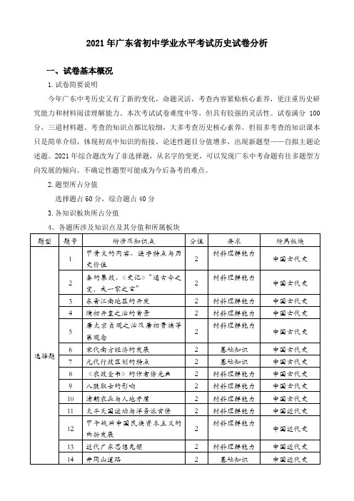 2021年广东省初中学业水平考试历史试卷分析报告