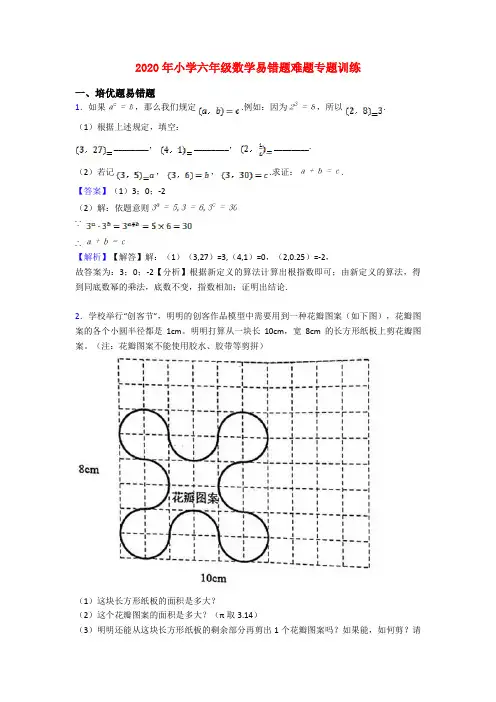 2020年小学六年级数学易错题难题专题训练