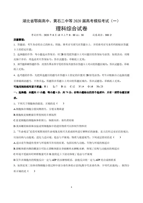 湖北省鄂南高中、黄石二中等2020届高考模拟考试(一)理综  含答案