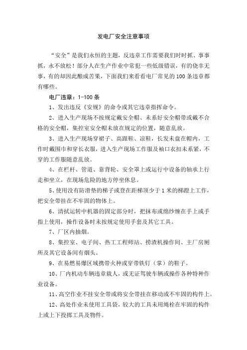 发电厂安全注意事项100条内容