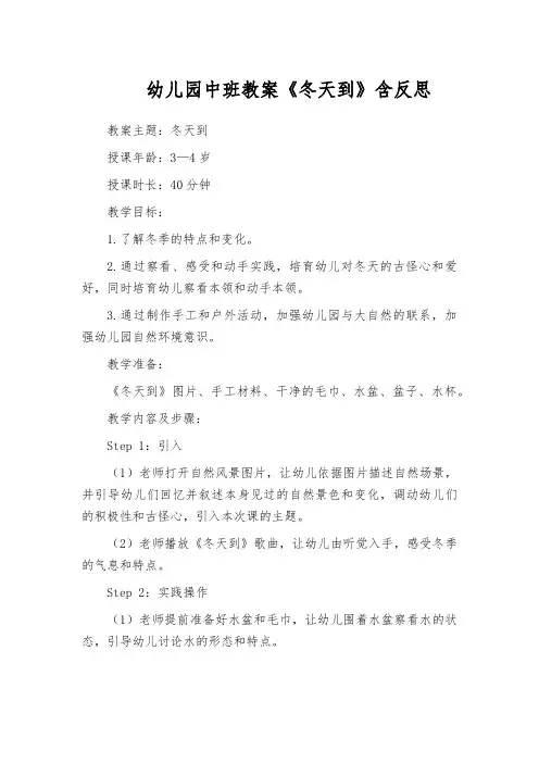 幼儿园中班教案《冬天到》含反思