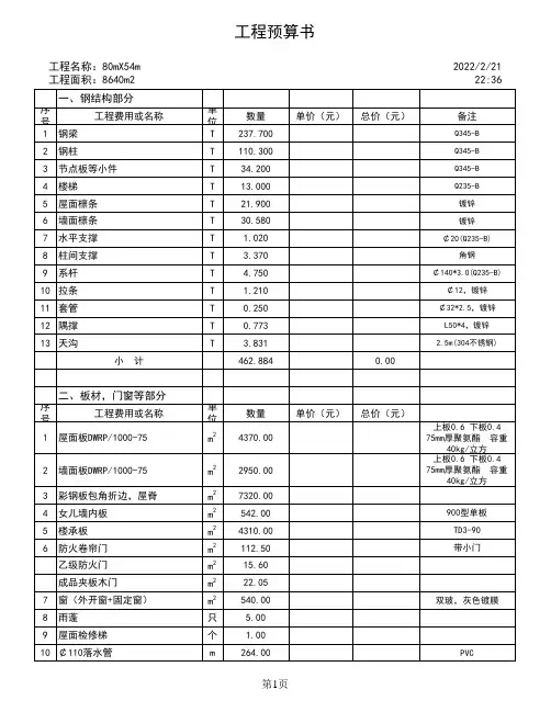 钢结构工程预算书