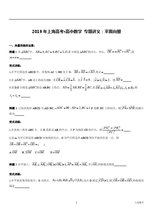 2019年上海高考·高中数学 平面向量(习题)