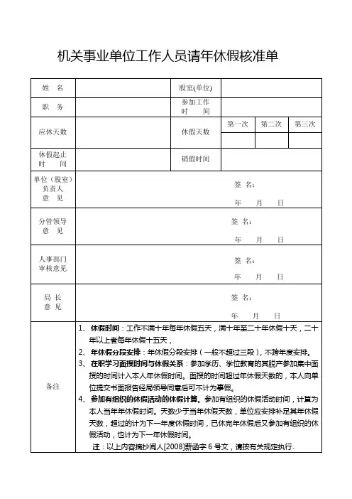 机关事业单位工作人员请年休假核准单
