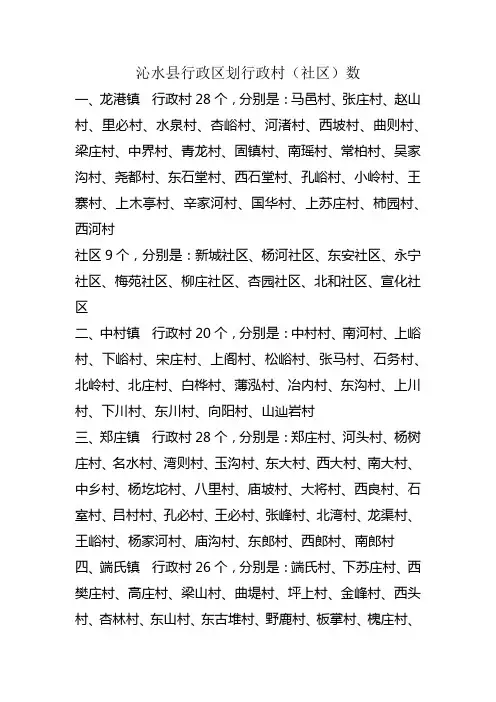 沁水县行政区划行政村