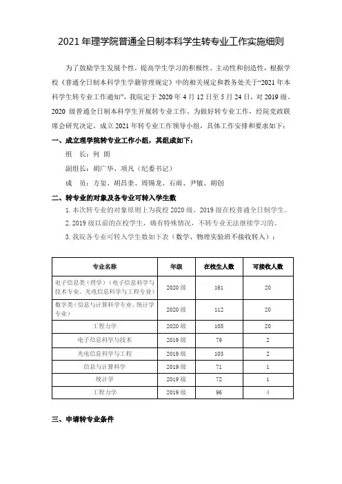 武汉理工大学-理学院2021年普通全日制本科学生转专业工作实施细则