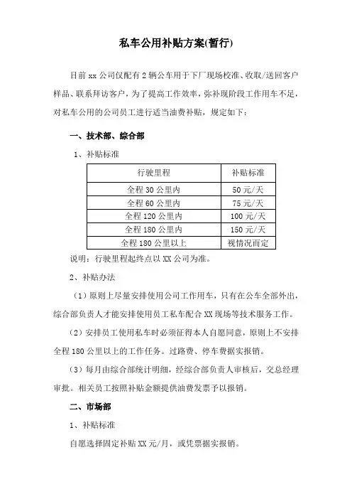 公司私车公用补贴方案