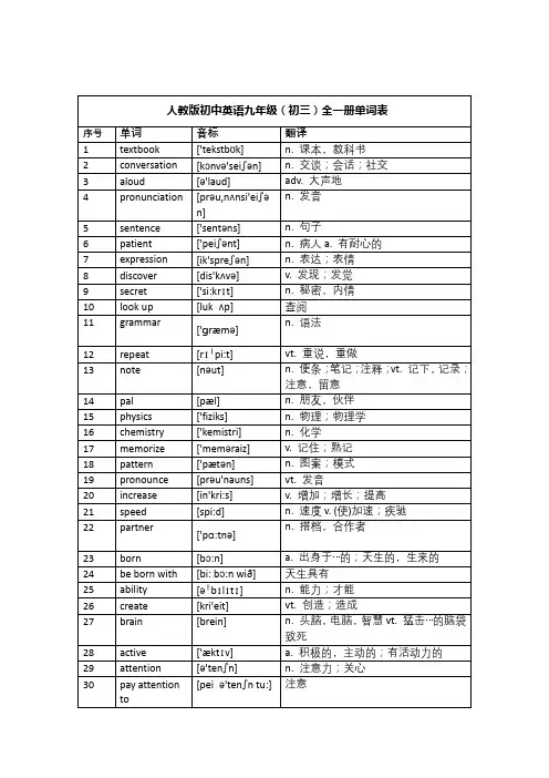 人教版九年级英语上册单词