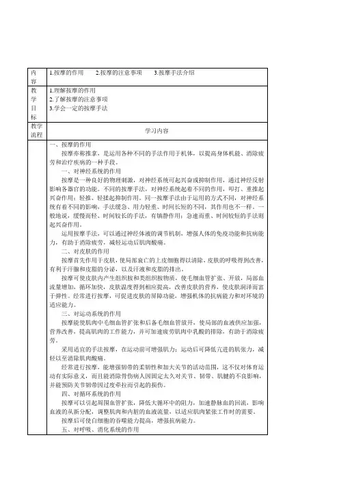 高中体育选修《按摩的作用和注意事项、按摩手法介绍》理论课表格式教案