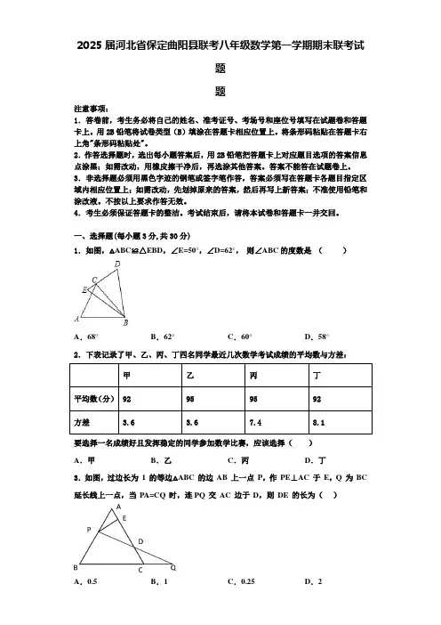 2025届河北省保定曲阳县联考八年级数学第一学期期末联考试题含解析