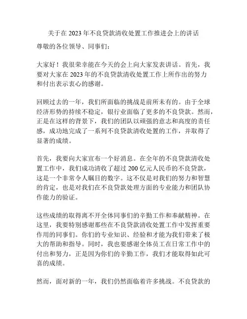关于在2023年不良贷款清收处置工作推进会上的讲话