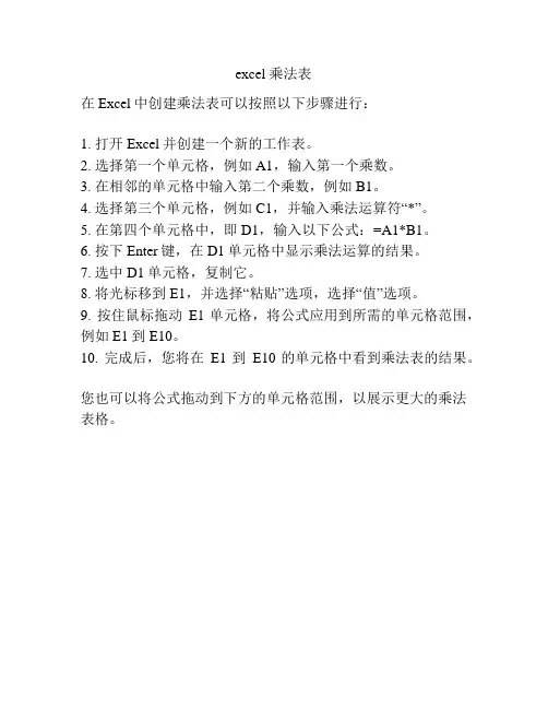 excel 乘法表