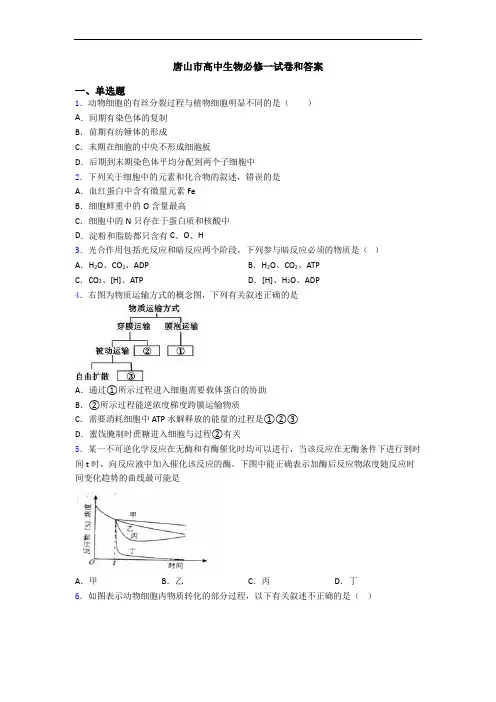 唐山市高中生物必修一试卷和答案