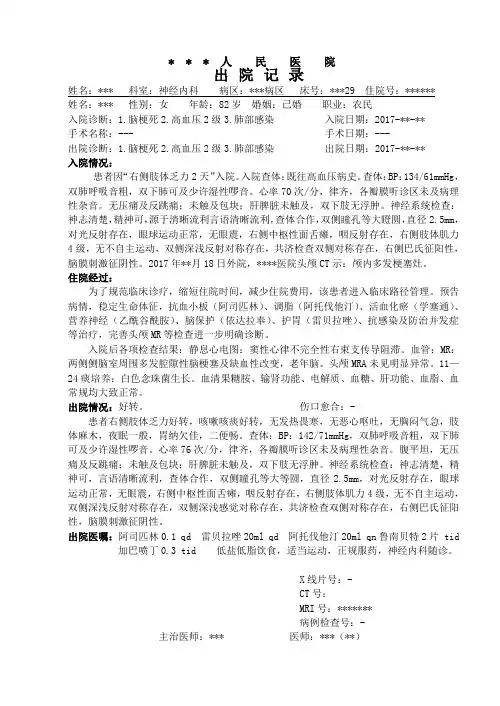 医院神经内科出院小结(李保中提供)