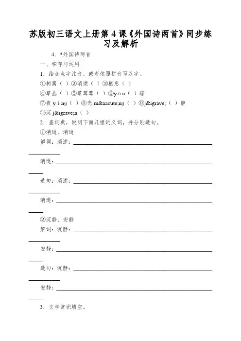 苏版初三语文上册第4课《外国诗两首》同步练习及解析