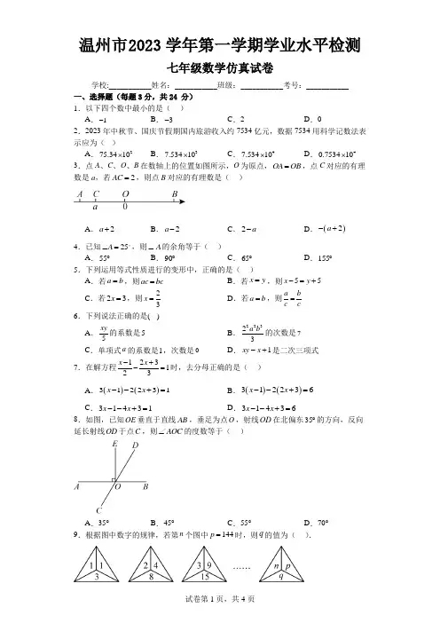 温州市2023学年第一学期学业水平检测 七年级数学仿真试卷(含答案)