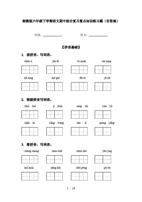 湘教版六年级下学期语文期中综合复习重点知识练习题〔有答案〕