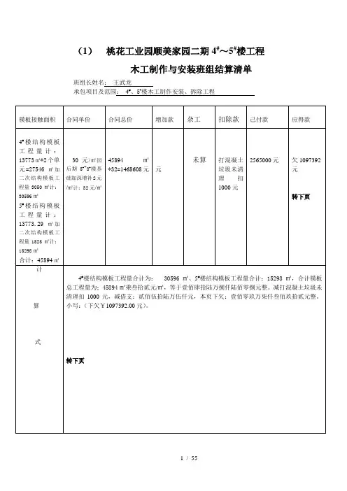 木工制作与安装班组结算清单