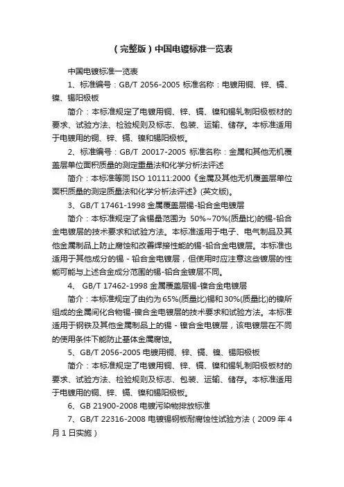 （完整版）中国电镀标准一览表